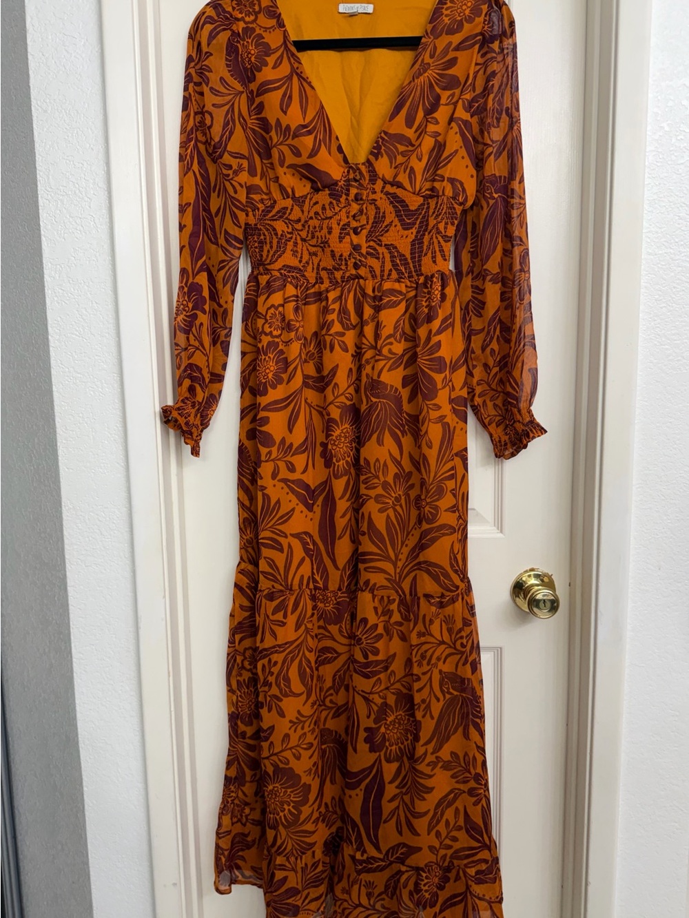 Rust Floral Maxi Dress with Smocked Waist